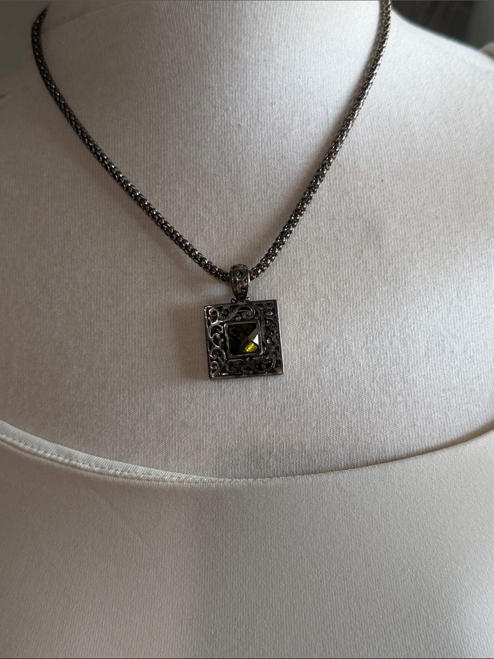 Cookie Lee Silver-Tone Filigree Square Pendant with Olive Green Stone